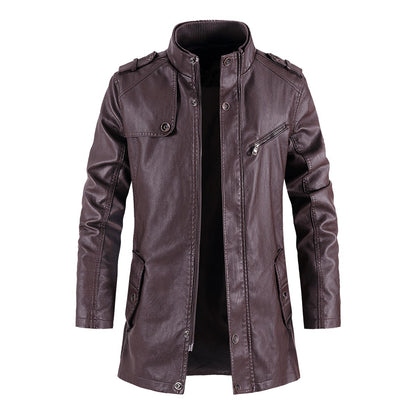 New Winter Long PU Leather Jackets Men Stand Collar Windbreaker Faux Outerwear Motorcycle Casual Warm Leather Coats Man Clothing