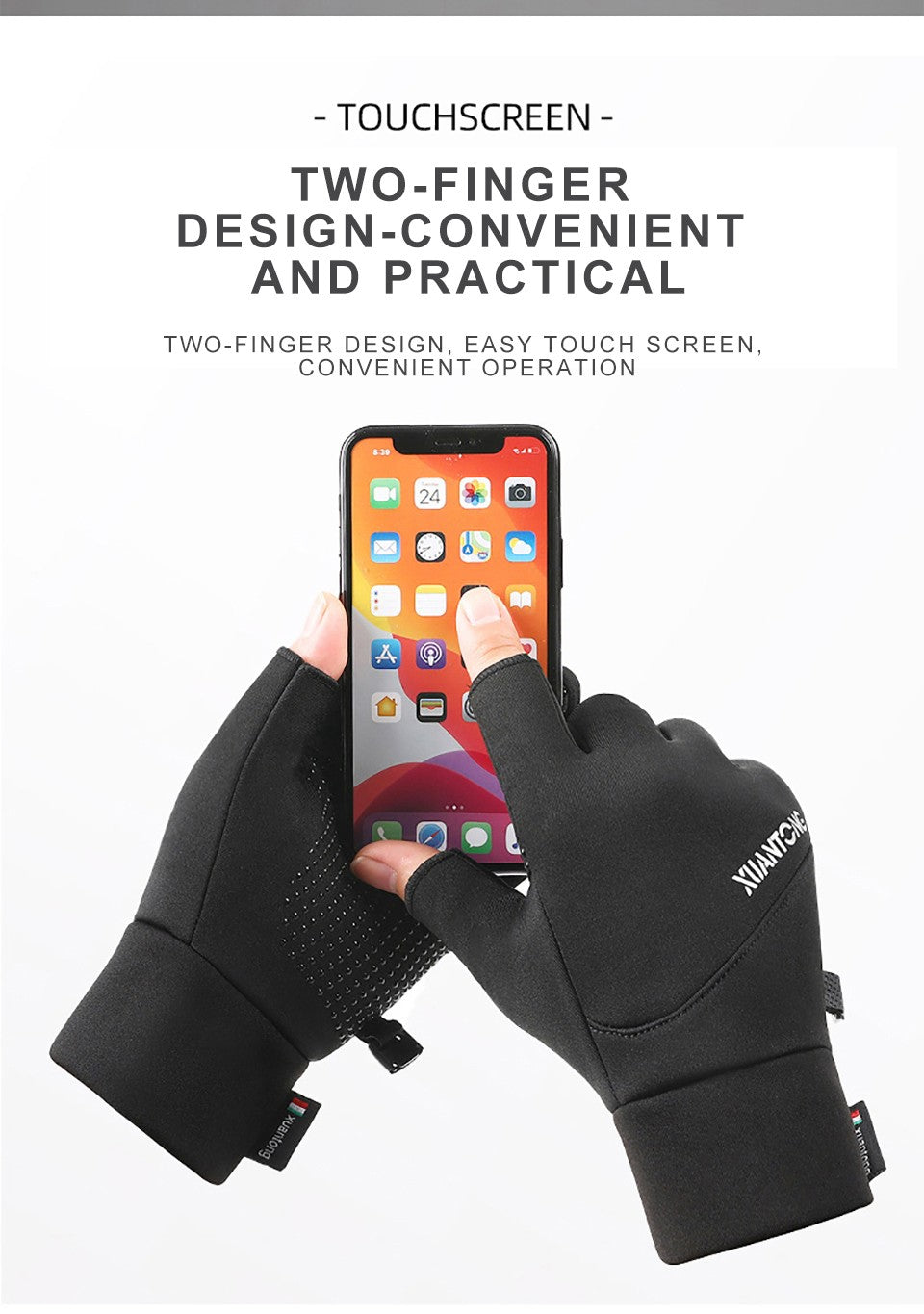GOBYGO 1Par Luvas de Inverno com Forro de Lã para Aquecer, Luvas de Ciclismo Antiderrapantes de Silicone, Luvas de Pesca Touchscreen com Dois Dedos Expostos