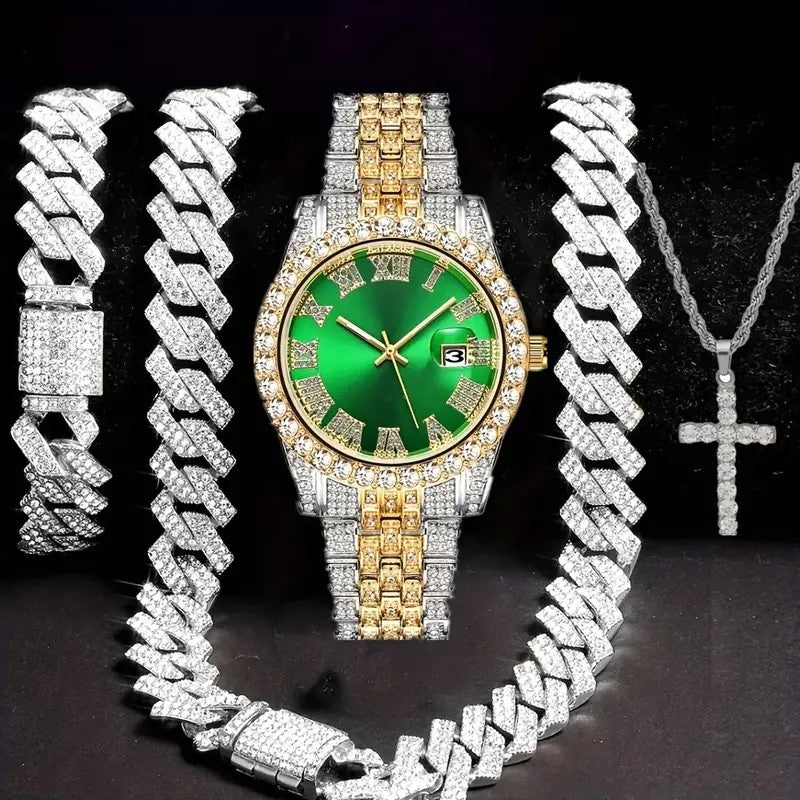 4pcs/set Mens Bling Wrist Watch & Hip Hop Cuban Chain Necklace Set - Rhinestone Accented, Round Dial, Electronic Quartz Movement