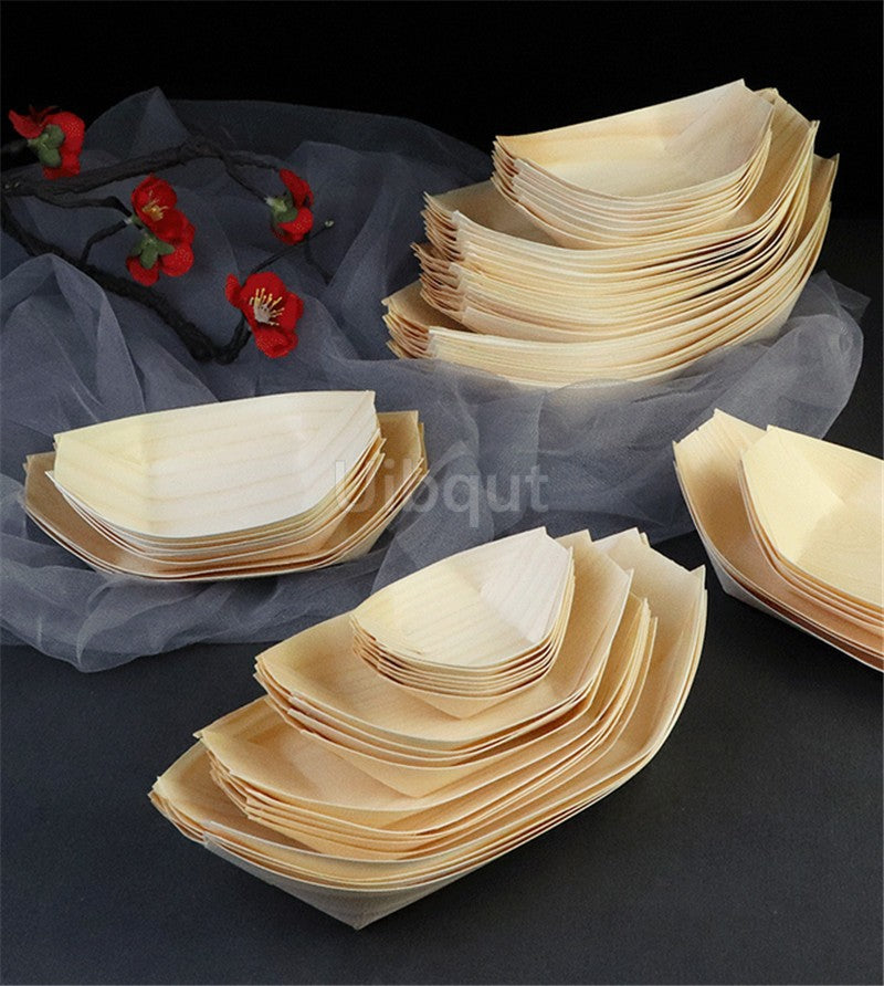 50 100pcs Sushi shushi Wood Boat Natural bamboo Disposable Kayak Salad Dessert Pine cake Boat Snack Bowl mat sushi plate tray