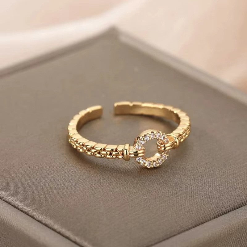 Anéis de Aço Inoxidável Banhados a Ouro com Cristal para Mulheres Corrente Geométrico Zircônia Anel de Dedo Joia Presente anillos mujer 2025 Novo e Moderno