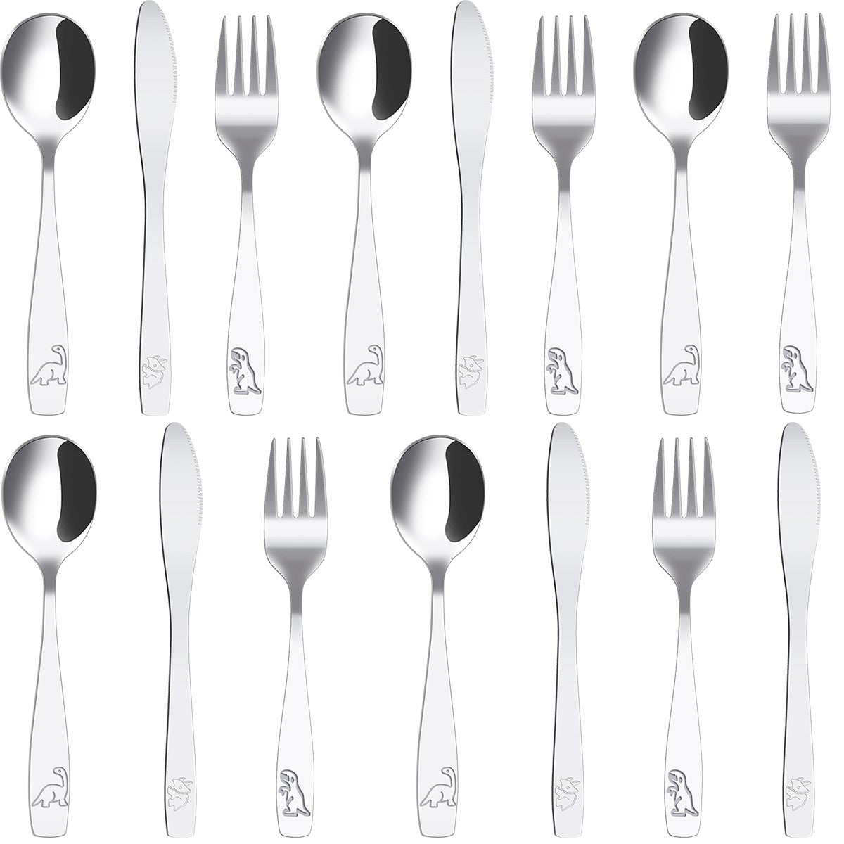 Conjunto de Talheres Infantis com 9/15 Peças em Aço Inoxidável 410, Garfo, Colher e Faca para Crianças, Conjunto de Talheres Divertidos de Dinossauro para Crianças e Bebês
