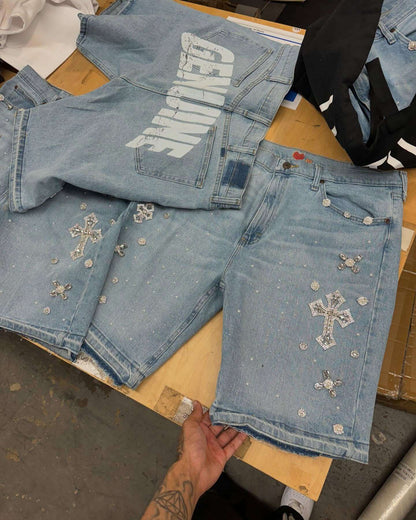 Y2K Gothic Diamond Cross Embroidery Denim Shorts American Retro Blue Gym Shorts Rhinestone Streetwear Hip Hop Men Women Jorts