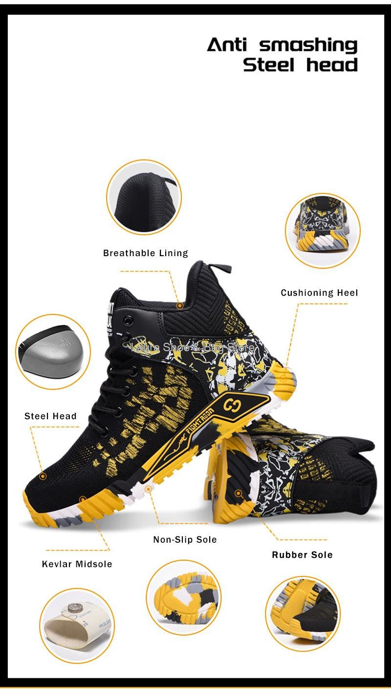 Botas de segurança de cano alto masculinas, bico de aço, sapatos de trabalho masculinos e femininos, botas de segurança anti-impacto, indestrutíveis, respiráveis