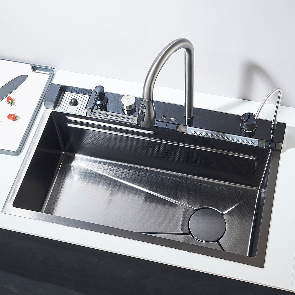 304 Stainless Steel Waterfall Kitchen Sink Large Single Slot Integrated Digital Display Faucet Set Soap Dispenser 75*45cm