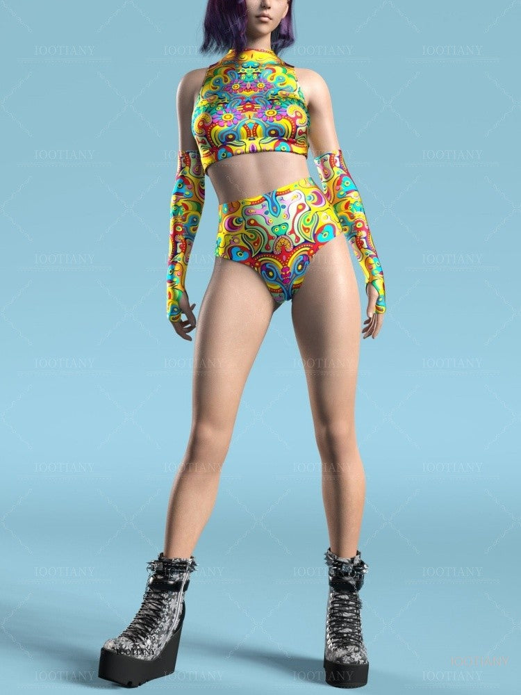 Adult Summer Role Play Bodysuit Women Sexy Hollow Sleeveless Blue Graffiti Art Swimsuit Carnival Party Stage Performance Clothes