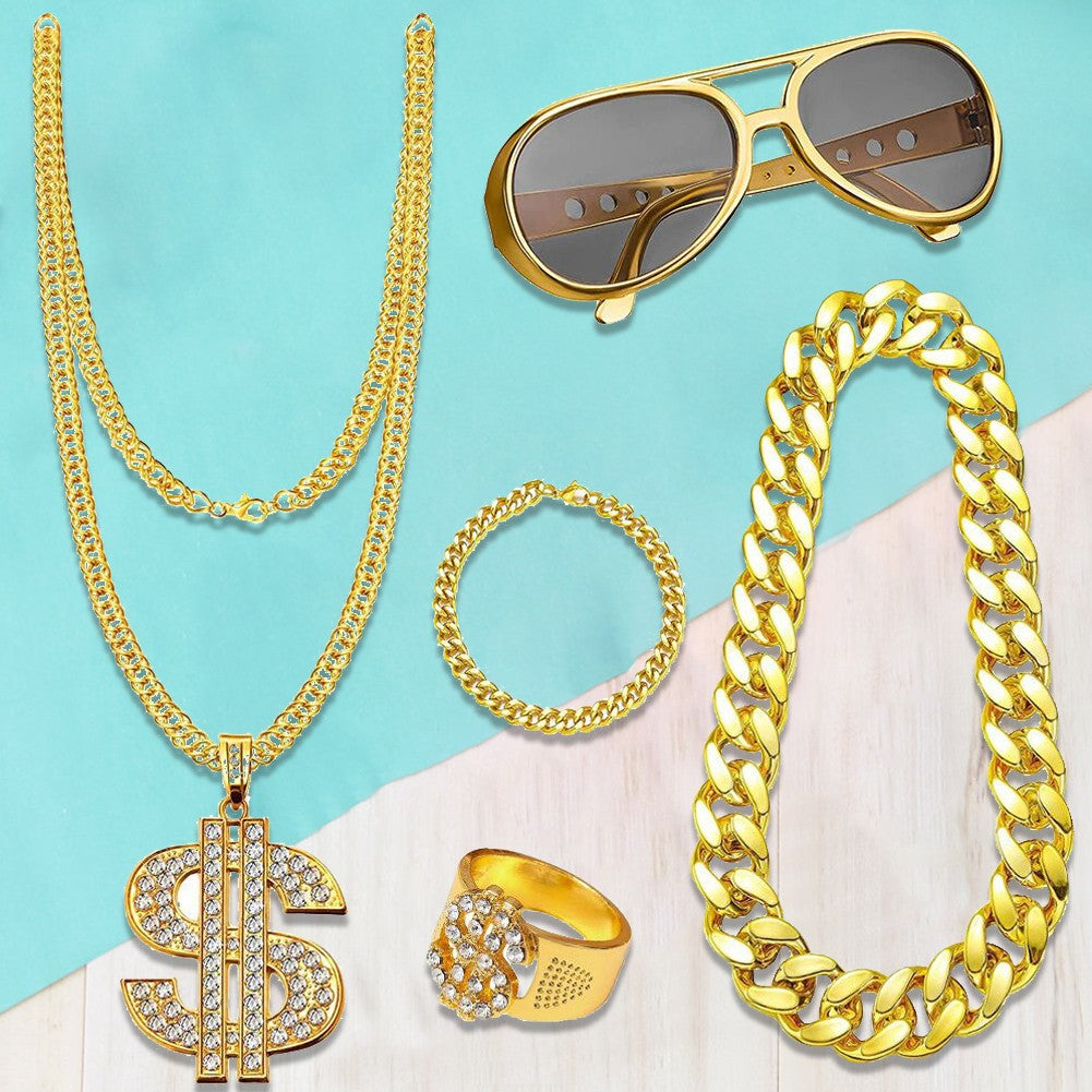 80s 90s Costume Outfit Set Big Gold Chain 80s/90s Rapper Accessories Glasses Bracelet Hip Hop Fancy Dress Costumes for Men Women