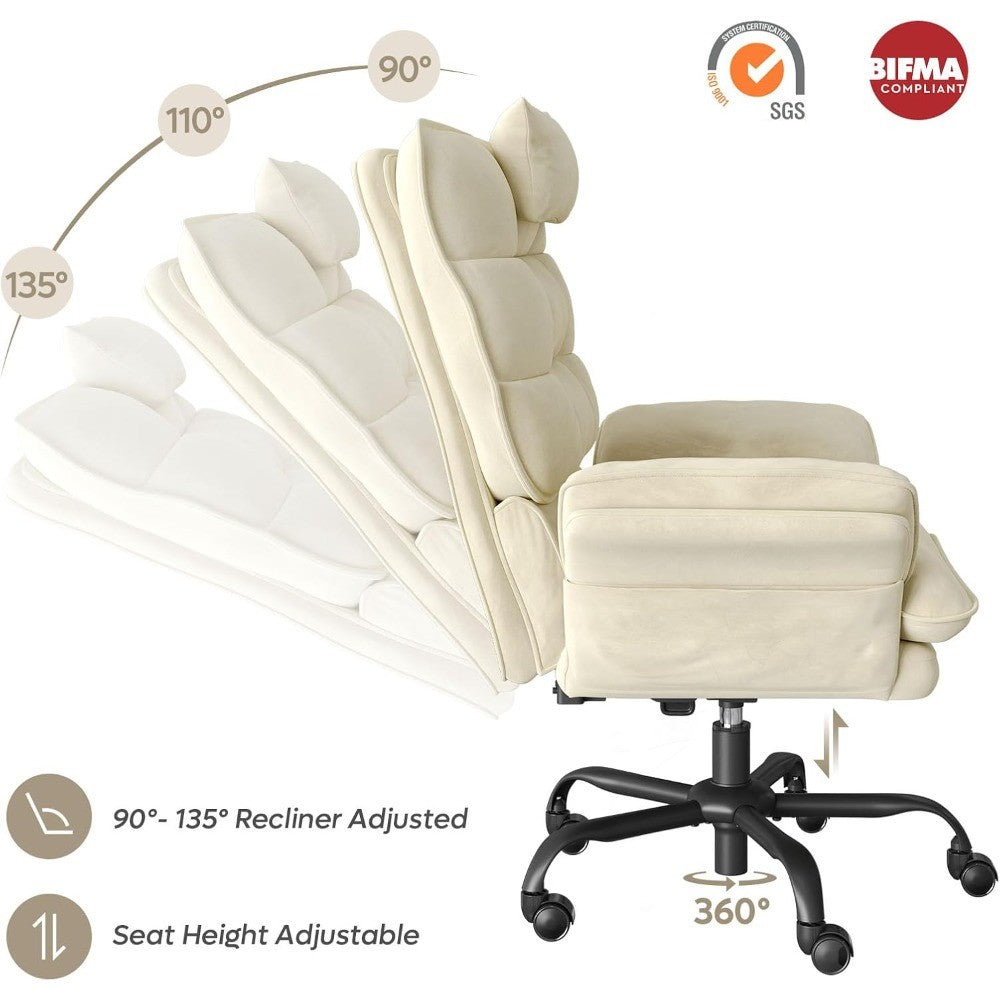 Velvet Executive Office Chair, Ergonomic Chair with Flip-up Arms, 135° Reclining Office Chair with Side Pockets & Headre