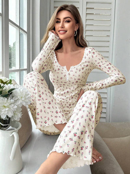 Autumn Winter Pajamas Set Women Sleepwear Floral Print Lettuce Trim Top with Long Pant Lovely Loungewear Full Sleeve Nightwear