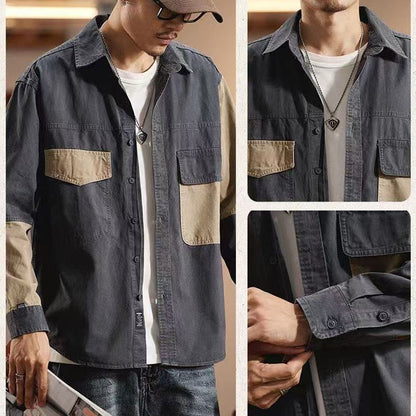 Vintage Heavy Weight Carbon Grinding Patchwork Shirts Mens Spring Autumn Trendy Long Sleeves Cargo Shirt Streetwear Casual Tops