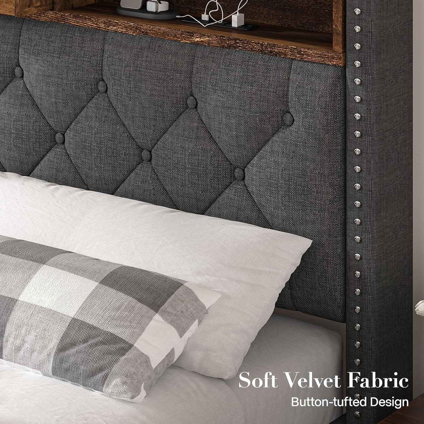 Linen Full Size Bed Frame with 2-Tier Storage Headboard and Charging Station, Upholstered Platform Bed Frames with 2 Sto