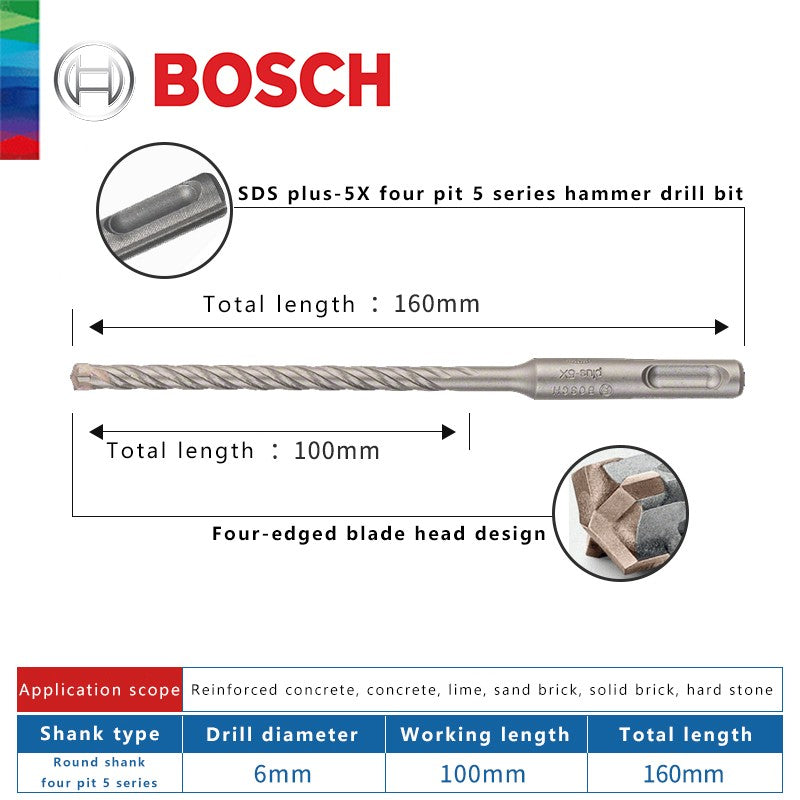 BOSCH Broca para Concreto e Madeira para Martelo Elétrico de Quatro Furos e Duas Ranhuras, de Duas Pontas, Série 5, com Haste Redonda