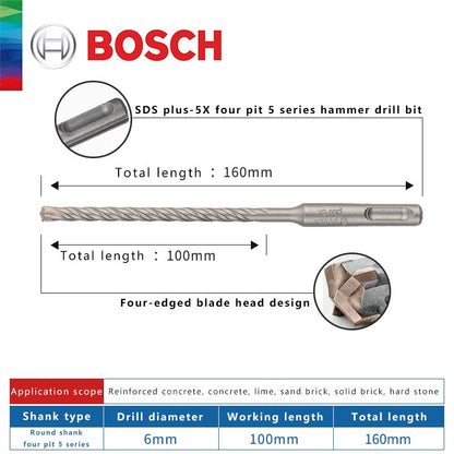 BOSCH Broca para Concreto e Madeira para Martelo Elétrico de Quatro Furos e Duas Ranhuras, de Duas Pontas, Série 5, com Haste Redonda