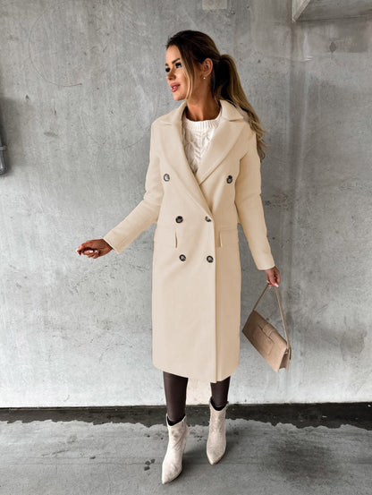 Autumn and Winter Women's Clothing Long-sleeved Lapel Solid Color Double-breasted Slim-fit Coat