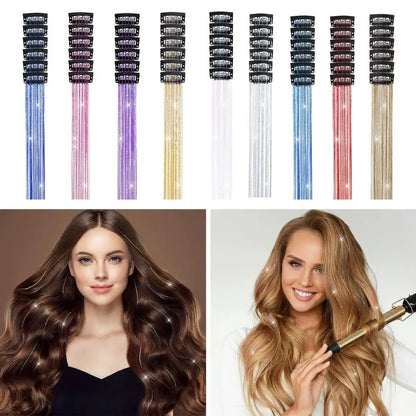 6 peças de extensões de cabelo brilhantes de 50 cm, extensões de cabelo sintéticas, presilhas de cabelo para trançar, chapéus femininos