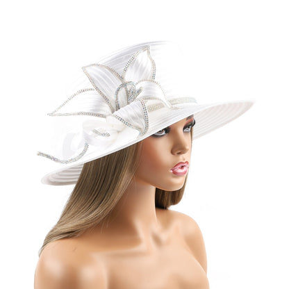 Deluxe New White Church Hat Party Banquet Satin Cloth Photography Hats Premium Chains Formal Hat Flower Top Cap For Women Ladies