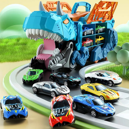 Brinquedo Dinossauro para Crianças Meninos de 3 a 5 Anos, Conjunto de Pista de Carros Caminhão Transportador de Dinossauros com Carrinhos Diecast que se Transformam em Dinossauros