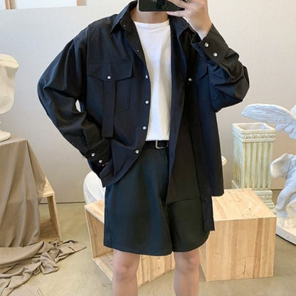 Gmiixder Cargo Long-sleeve Shirt with Tie Men's Oversize Kpop Shirt Korean Streetwear Versatile Motorcycle Pocket Streamers Coat