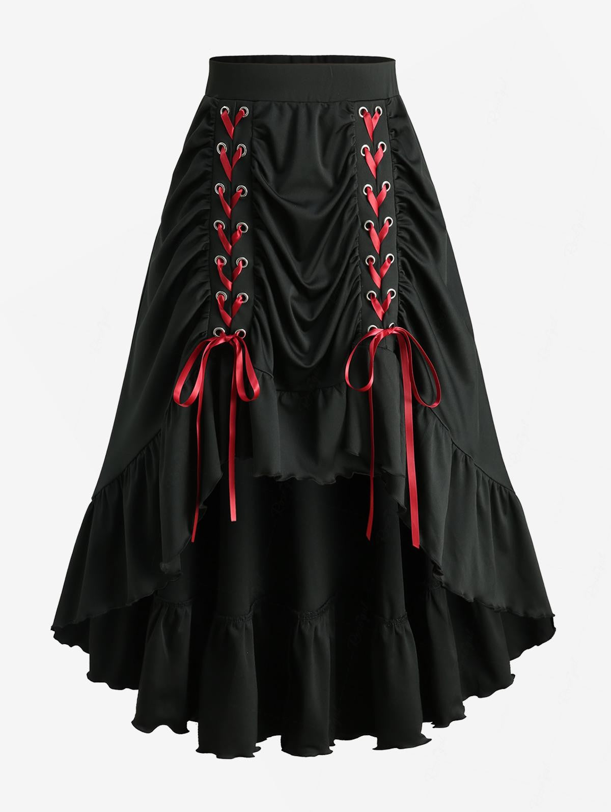 ROSEGAL Plus Size Grommets Lace-Up Ruffles Ruched High-Low Skirt Adjustable Tie Waist Maxi Skirt for Women Oversize Black Skirts