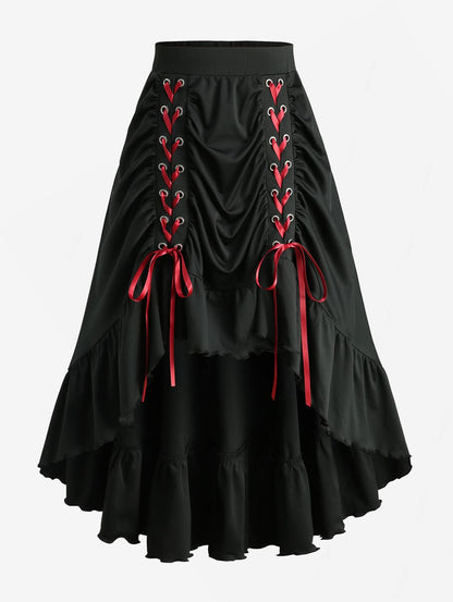 ROSEGAL Plus Size Grommets Lace-Up Ruffles Ruched High-Low Skirt Adjustable Tie Waist Maxi Skirt for Women Oversize Black Skirts