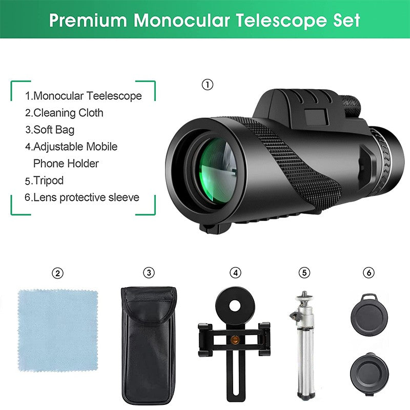 Telescópio Monocular Potente 80x100 HD ZOOM Binóculos Portáteis de Longo Alcance para Caça e Camping com Tripé e Suporte para Celular