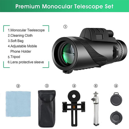 80x100 HD ZOOM Potente Telescópio Monocular Binóculos Portáteis Telescópio de Longo Alcance para Caça e Acampamento com Tripé e Suporte para Celular