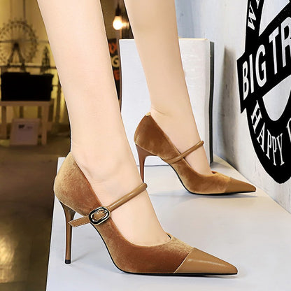 Korean Version Party 10cm 7cm High Heels Women Shoes Thin Heels Velvet Shallow Montage Pointed Toe Metal One-line Buckle Pumps