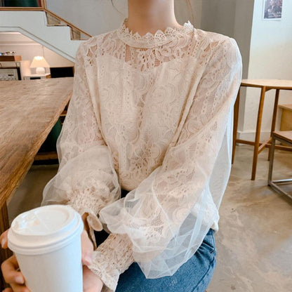 Mesh Lace Women Blouse Fashion Office Lady Long Sleeve Elegant Shirts Casual Loose Sweet Tops