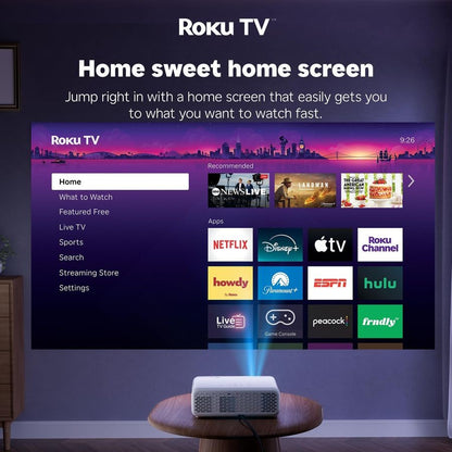 Projetor Smart Roku TV com Wi-Fi e Bluetooth, experiência de streaming Roku integrada, Full HD 1080P, áudio Dolby, foco automático e correcção keystone.
