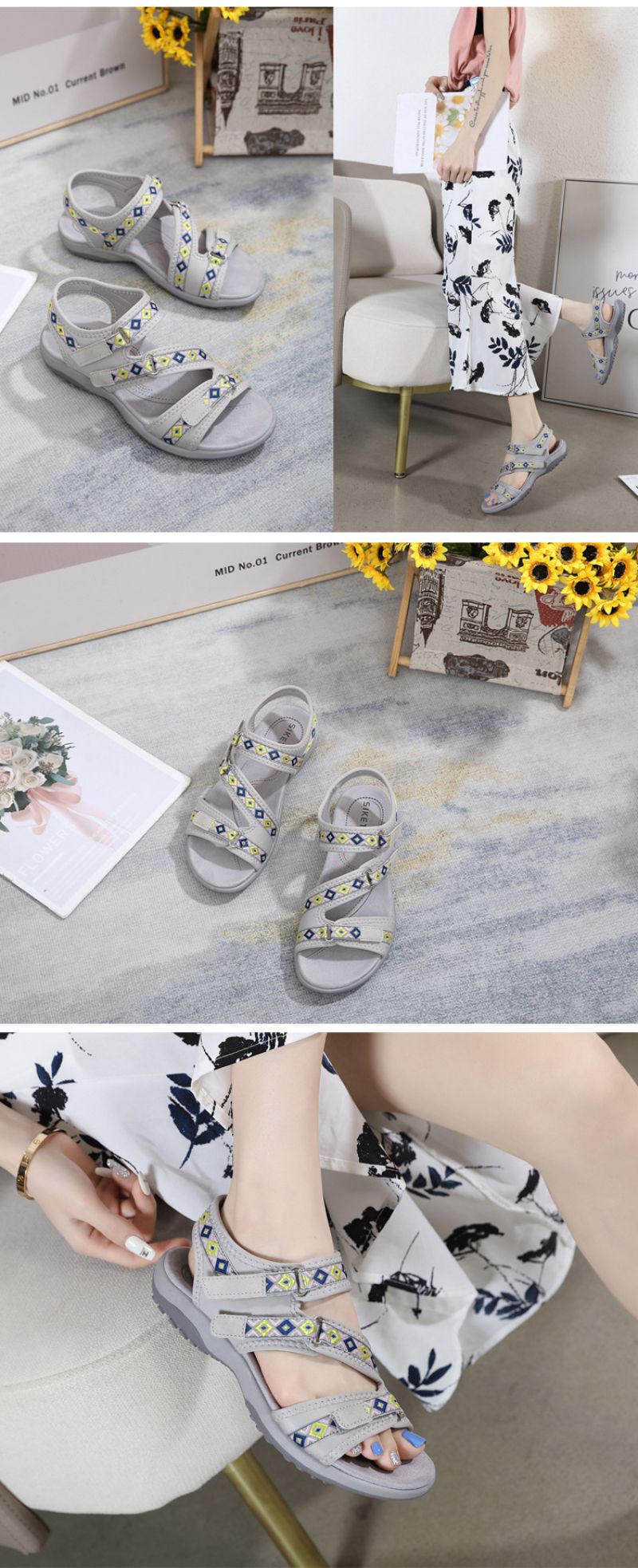 Spring And Summer Printed Velcro Comfortable Casual Beach Flat Sandals For Women's Ethnic Style Leisure Comfortable And Simple