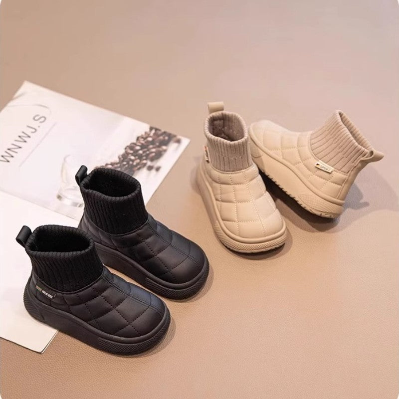 Children's Snow Boots 2-18 Years Old Khaki Padded Thickened Boys Girls Cotton Shoes Winter Black Soft Non-slip Kids Sock Boots