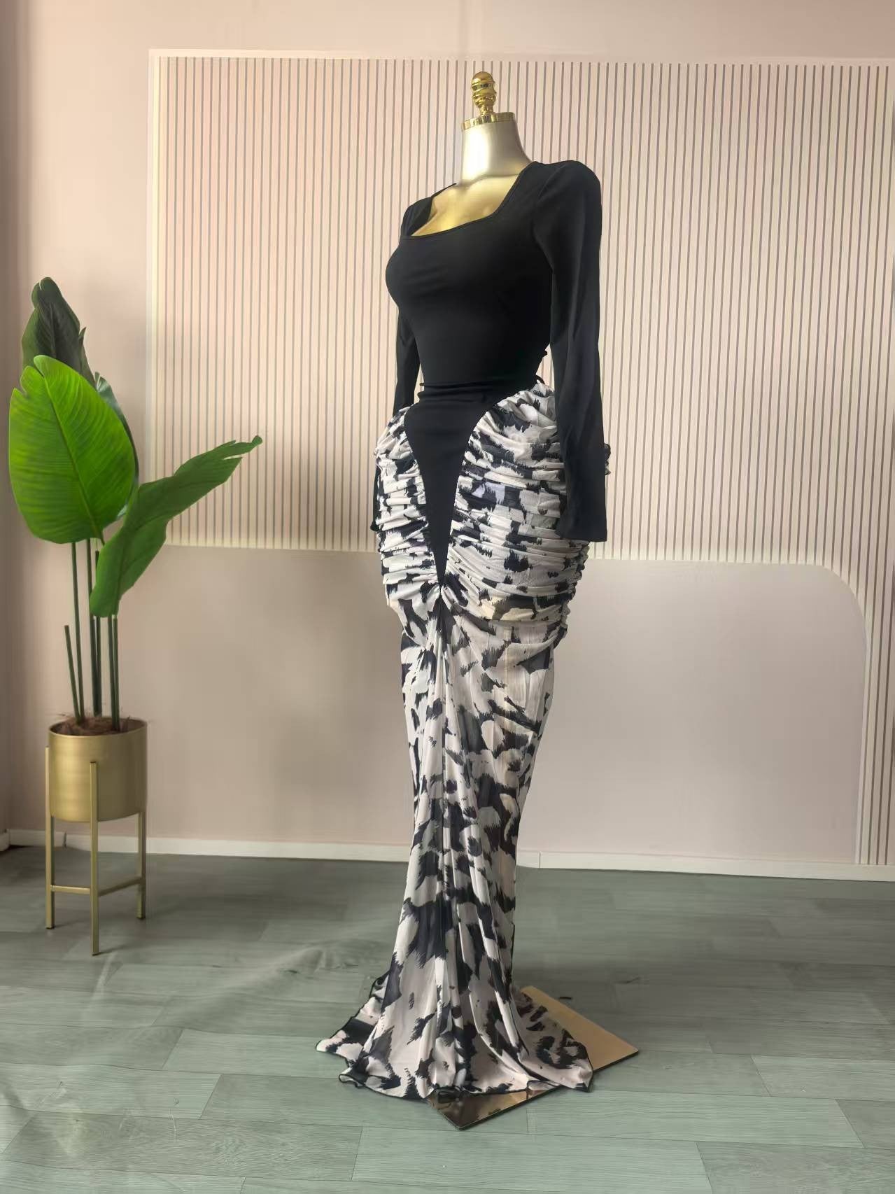 CM.YAYA Women Print Patchwork Stacked Ruched Long Sleeve Bodycon Midi Maxi Long