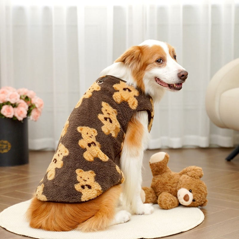 3GG-8GG Outono/Inverno Pelúcia Padrão de Urso Fofo Suéter para Cães Grandes Casaco de Lã Quente com Capuz Colete Suéter para Animais de Estimação Roupas para Animais de Estimação