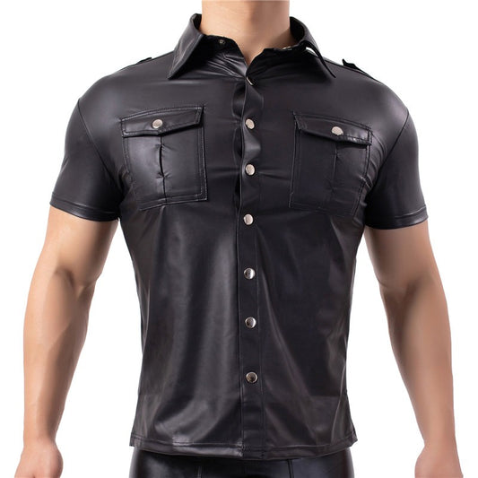 Mens Shirts Faux Leather T Shirts Nightclub Stage Costumes Short Sleeve Button Up Shirt PU Leather Latex Wetlook Dance Clubwear