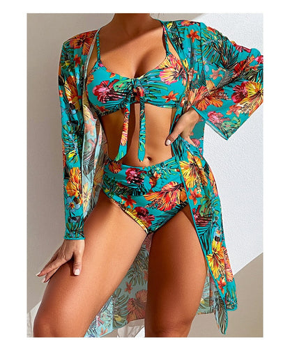 Bohemian Print Sexy Women's Beach Bikinis Three Pieces Bikini Set Cover Up Swimwear High Waisted Bikini Set Women Swimsuit 2025