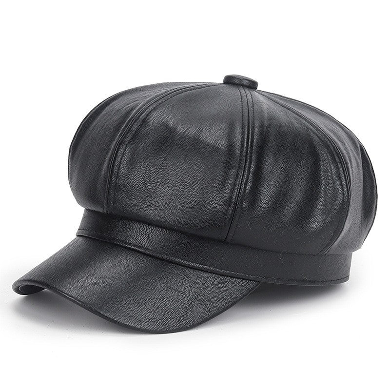 Winter Black PU Leather Hat for Women Vintage Hip Hop Trucker Cap Fashion Casual Beret Octagonal Hat