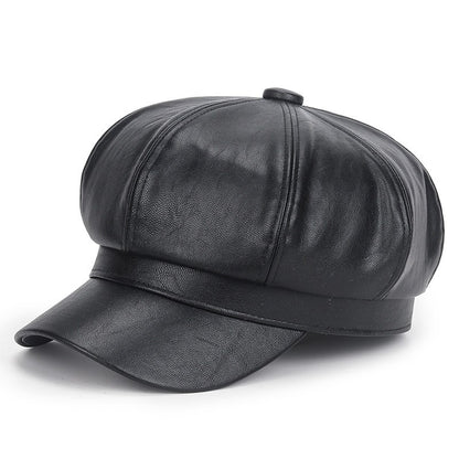 Winter Black PU Leather Hat for Women Vintage Hip Hop Trucker Cap Fashion Casual Beret Octagonal Hat