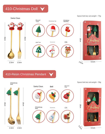 Warm Christmas Gift! Creative Santa Doll Dessert Spoon Fork 2-Piece Set Portable Tableware in Gift Box Sweet Surprise Friends