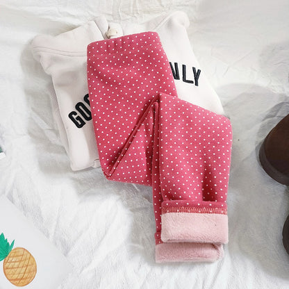Girls Cotton Dot Print Leggings Autumn Winter Kids Fleece Warm Pants Baby Girl Slim Plus Thicken Trousers Children Clothes