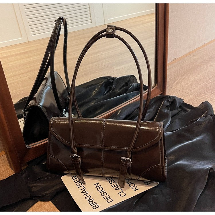 High End Burgundy Oil Wax Leather Underarm Bag Elegant Women's Magnetic Buckle Shoulder Bag Commuter Versatile Ladies Tote Bags