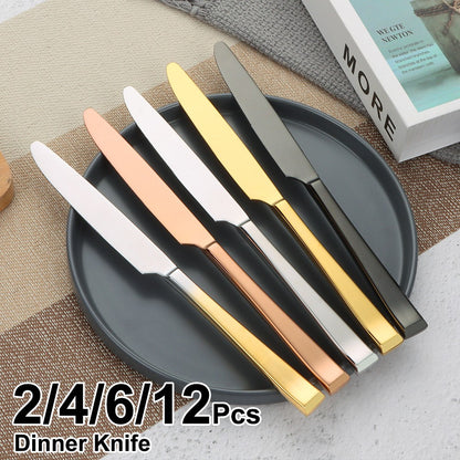 Faca de Jantar Dourada 2/4/6/12 Peças Conjunto de Facas Ocidentais Talheres Elegantes Prateados Louça Espelhada Aço Inoxidável 420 Facas de Mesa