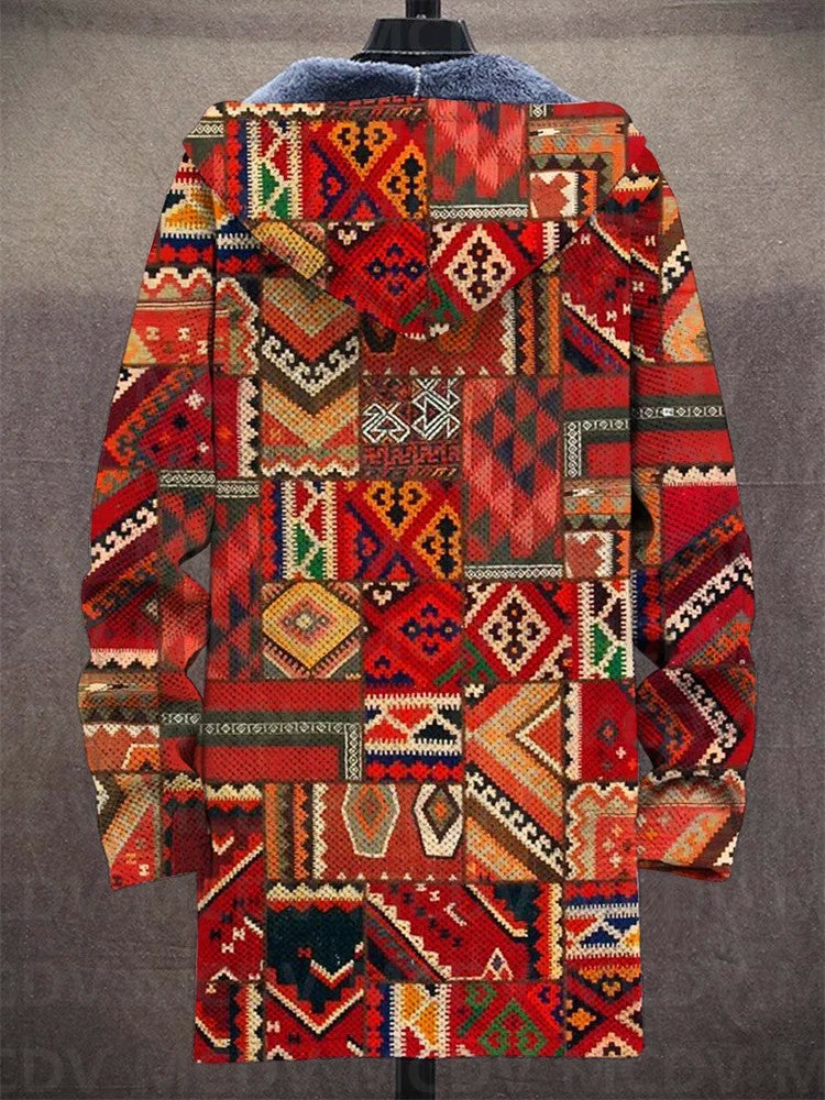 Unisex Retro Ethnic Pattern Print Plush Thick Long-Sleeved Sweater Cardigan Coat