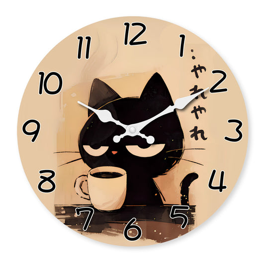 Retro Cute Black Cat Drinking Coffee Pattern Wooden Wall Clock Living Room Bedroom Kitchen Home Decoration Wall Clock Silent Quartz Clock Holiday Gift 10 Inches 12 Inches 14 Inches 16inch (Without Batteries)