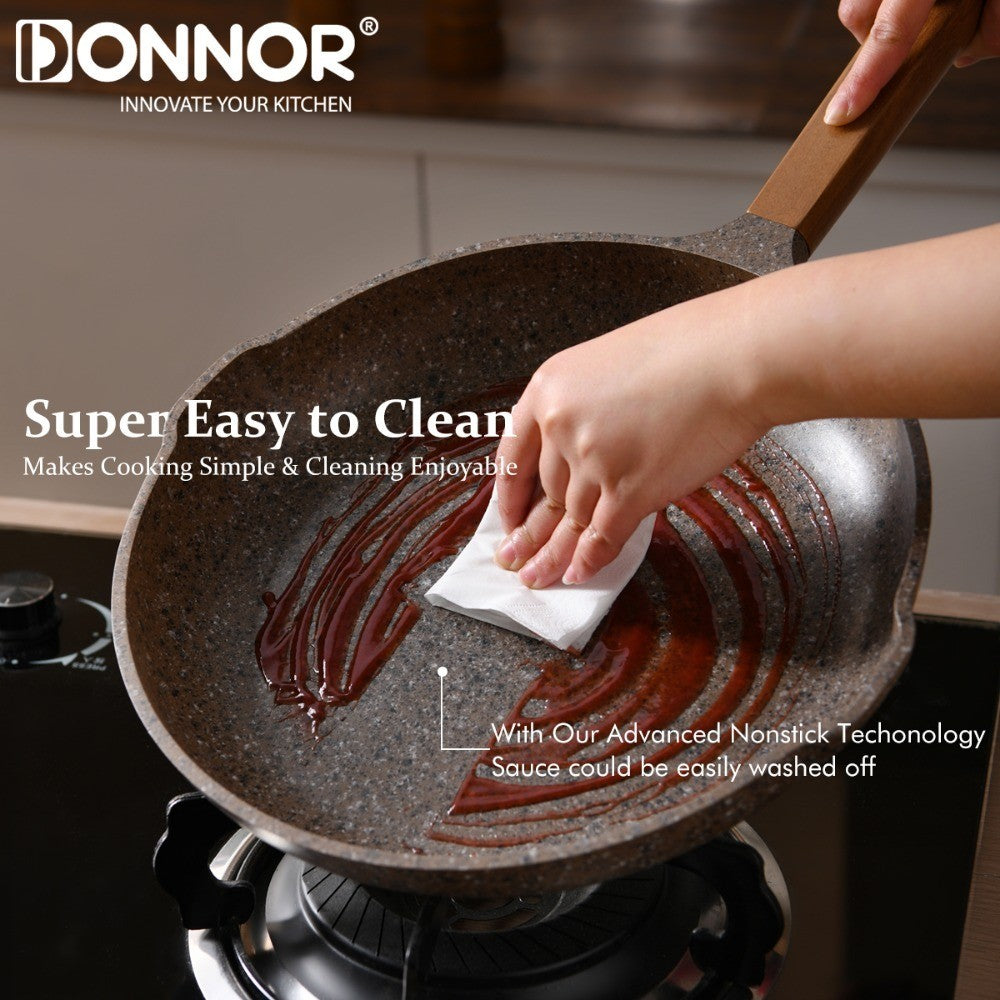 Frigideira Antiaderente de Granito DONNOR com Tampa, 30 cm, Saudável, Utensílios de Cozinha de Pedra, Vermelho ou Cinza, Fácil de Limpar