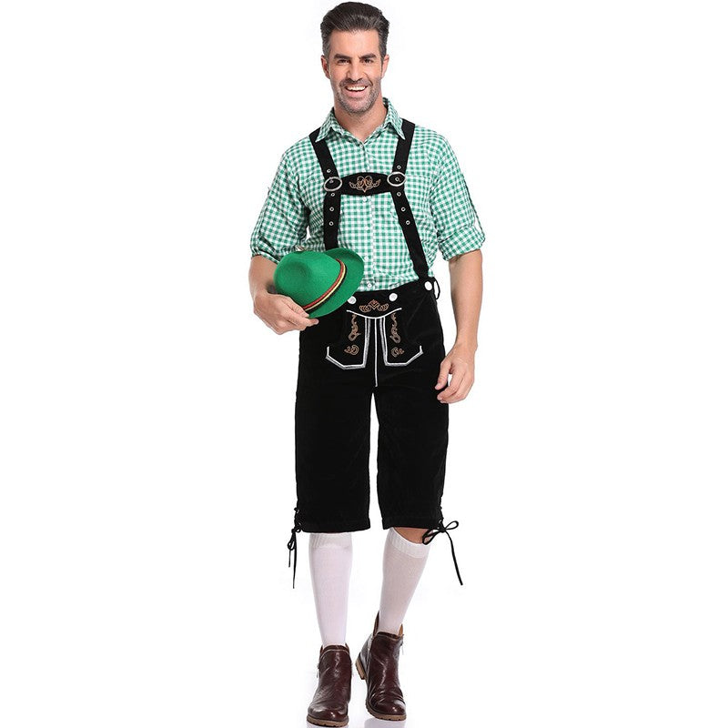 Germany Oktoberfest Costumes Adult Men Traditional Bavarian Beer Shorts Outfit Overalls Shirt Hat Suspenders Set Halloween Cloth