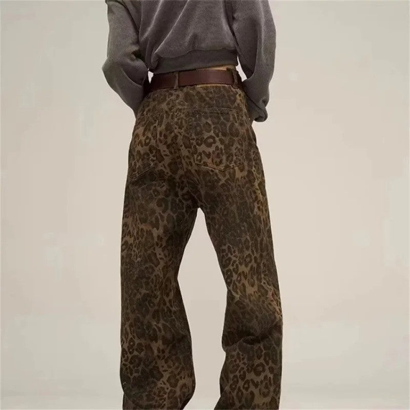 American vintage leopard print jeans female autumn winter new design sense small straight tube overalls casual pants