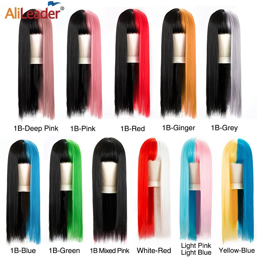 Green And Black Lolita Cosplay Wig Straight Wigs With Bangs Synthetic Heat Resistant Two Tone Wigs Black & Pink Split Color Wig