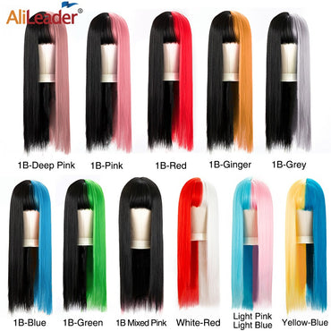 Green And Black Lolita Cosplay Wig Straight Wigs With Bangs Synthetic Heat Resistant Two Tone Wigs Black & Pink Split Color Wig