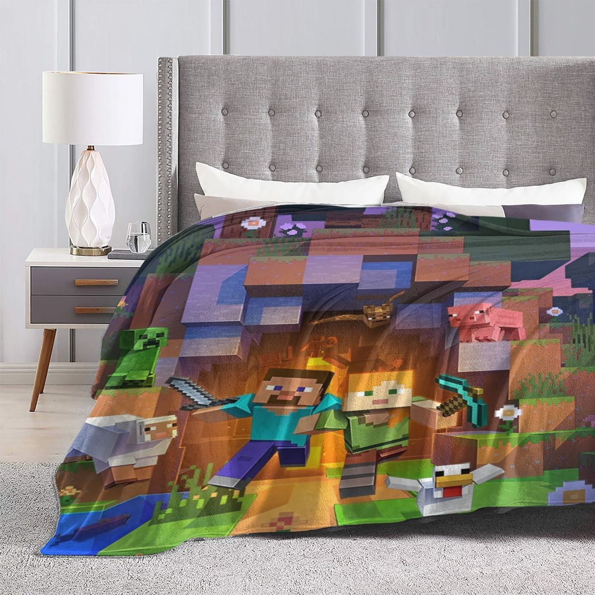 Cartoon Mines Pixel Game Crafts Flannel Blanket Super Warm Throw Blanket for Home Decor Decorative Street Trend Bedspread