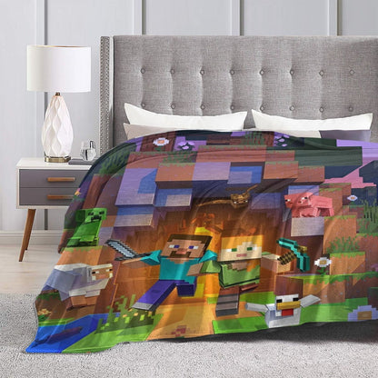 Cartoon Mines Pixel Game Crafts Flannel Blanket Super Warm Throw Blanket for Home Decor Decorative Street Trend Bedspread